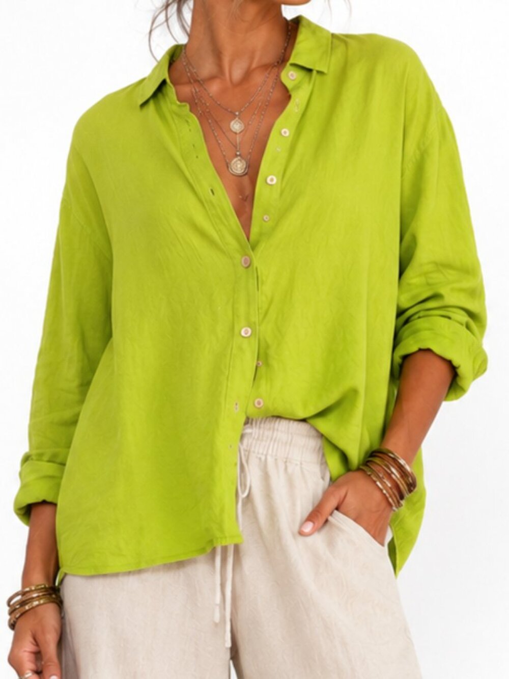 CW Linen Lime Green 100% Linen Button Front Tunic Shirt Size 10 Boho